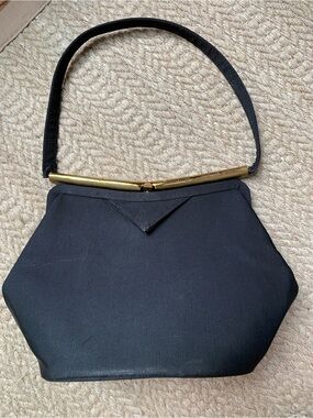 Vintage Fabirque Black Evening Shoulder Bag with Gold Trim